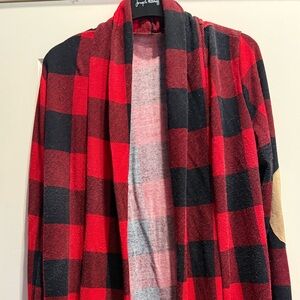 Women’s Size Large Red And Black Plaid Long Sleeved Sweater Cardigan